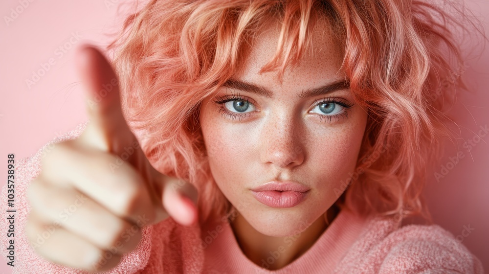 A playful young woman with pink hair points directly at the camera, exuding confidence and charm in an intimate portrait with a cheerful pink background. A playful young woman with pink hair points directly at the camera, exuding confidence and charm in an intimate portrait with a cheerful pink background.