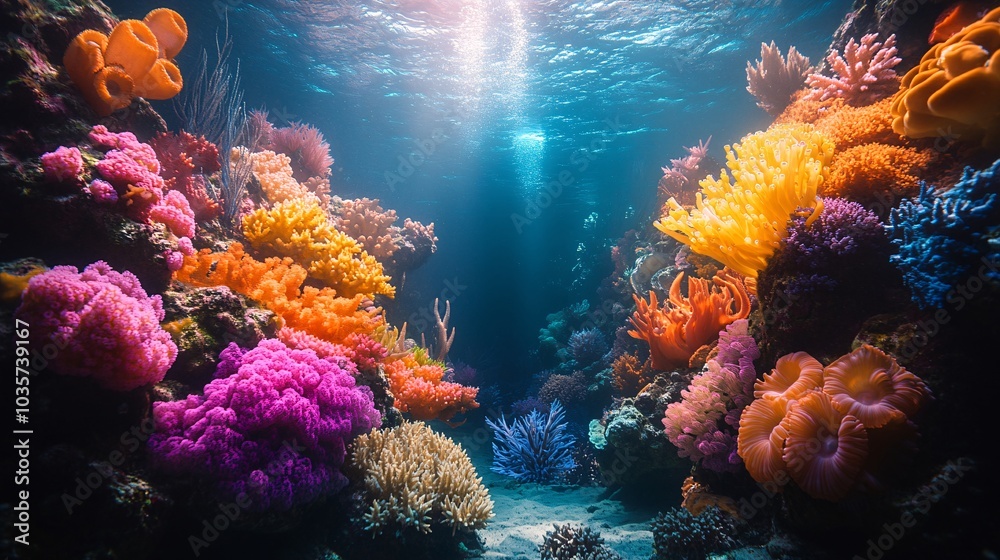 Fototapeta premium Vibrant Coral Reef with Iridescent Squid