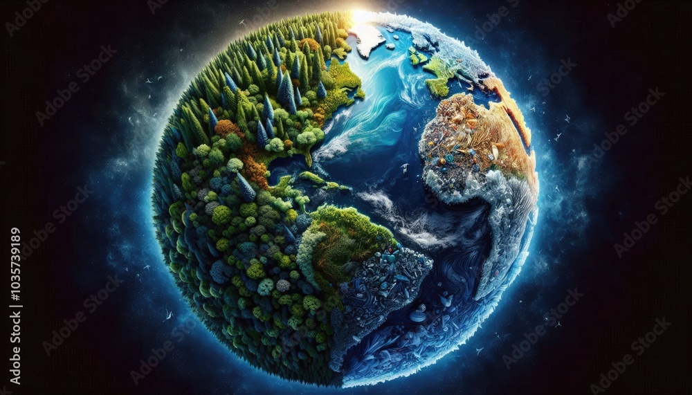 Planet Earth Divided: One Half Lush and Vibrant with Nature, the Other Overwhelmed by Plastic Waste, Highlighting the Contrast Between Environmental Preservation and Pollution