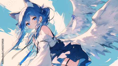 Anime girl with cat ears and white wings on the background of light sky. AI Generated