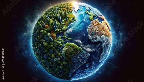Obraz na płótnie Planet Earth Divided: One Half Lush and Vibrant with Nature, the Other Overwhelmed by Plastic Waste, Highlighting the Contrast Between Environmental Preservation and Pollution w salonie