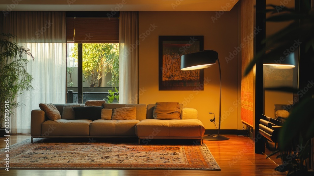 Cozy contemporary living room with a large sofa, a patterned rug, and an oversized floor lamp. Warm lighting and natural textures offer comfort and modernity. Cozy contemporary living room with a large sofa, a patterned rug, and an oversized floor lamp. Warm lighting and natural textures offer comfort and modernity.