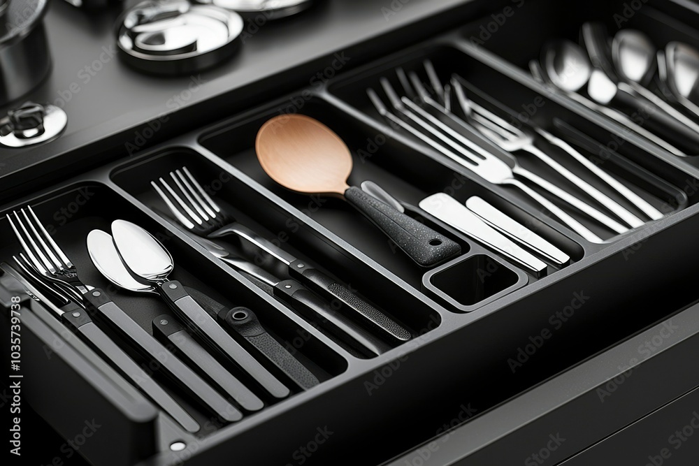 Closeup of a drawer filled with silverware and wooden utensils Closeup of a drawer filled with silverware and wooden utensils