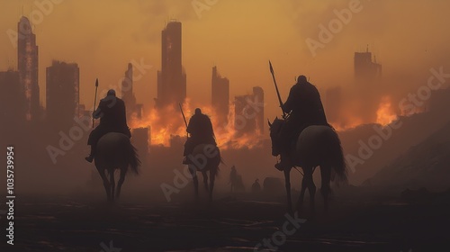 Dramatic Depiction of a Chaotic Apocalyptic Battlefield Featuring the Four Horsemen of the Apocalypse, Symbolizing Divine Judgment and the End Times of Christianity and Biblical Prophecy