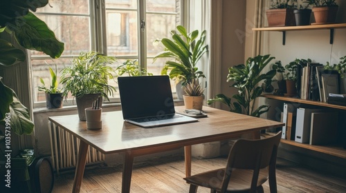 Elegant home office with a sleek wooden table, minimalist decor, and indoor plants. A simple, well-organized space for work and creativity.