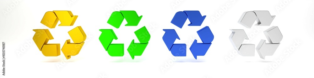 Colorful Recycle symbol icon isolated on white background. Circular arrow icon. Environment recyclable go green. Minimalism concept. 3D render illustration Colorful Recycle symbol icon isolated on white background. Circular arrow icon. Environment recyclable go green. Minimalism concept. 3D render illustration