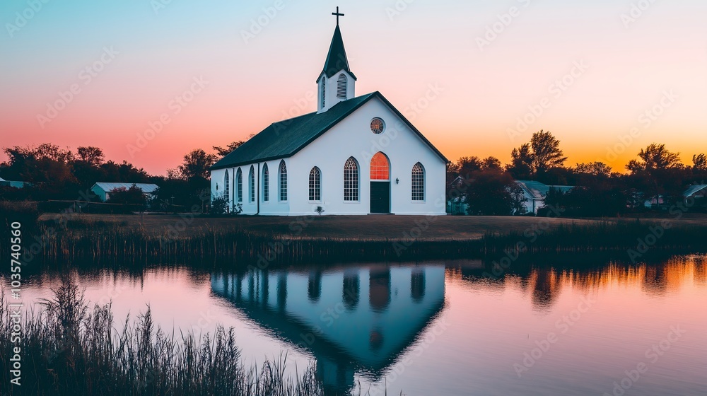 ranquil Modern Minimalist Church with Expansive Glass Windows Overlooking a Serene Lakeside Setting, Blending Natural Light and Scenic Reflections in a Contemporary Architectural Design