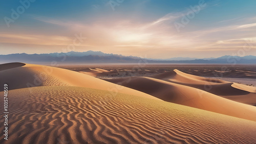 panoramic landscape view of sand dune desert with blue sky and natural light