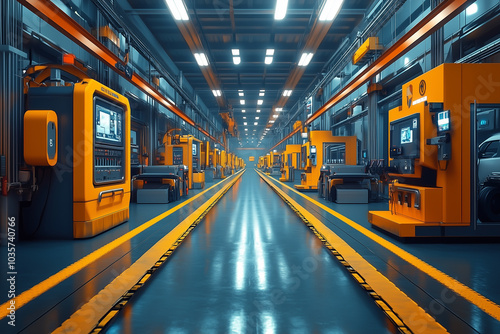 Modern indoor factory perspective symmetrical corridor