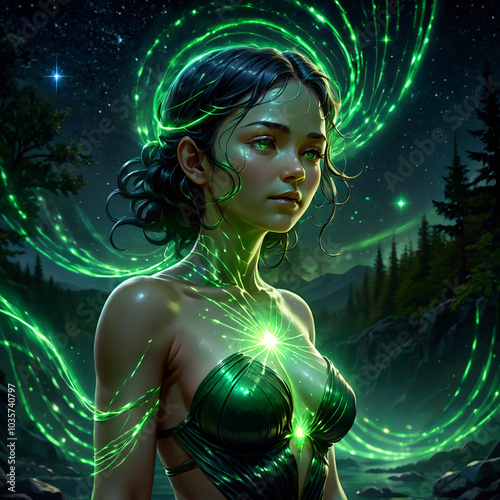 A woman with long dark hair stands in a forest, surrounded by a glowing green aura that swirls around her, illuminating the night sky. The aura is radiant, emanating from her core and flowing outwards photo