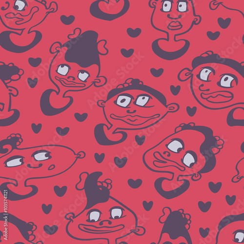 Seamless background with funny faces of anthropomorphic creatures. Humorous characters with different emotion