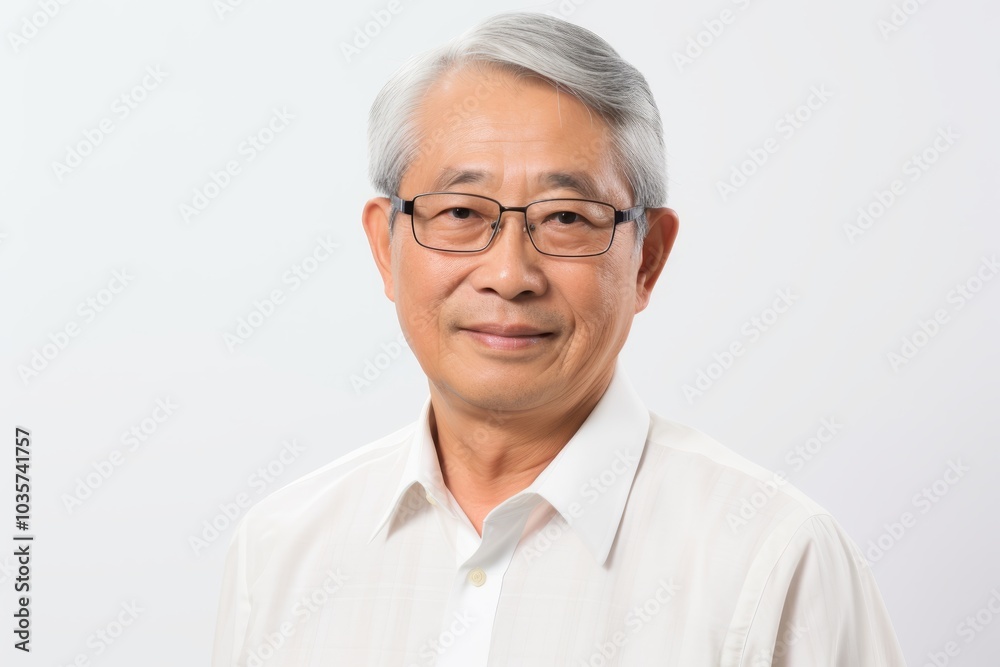 Asian senior man in white shirt and eyeglasses on white background Asian senior man in white shirt and eyeglasses on white background
