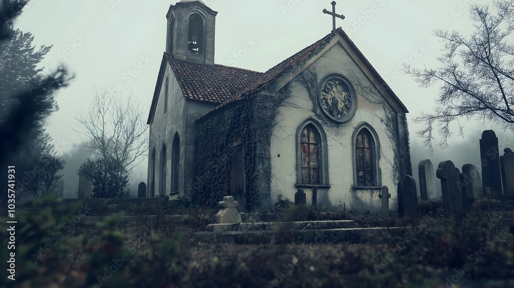 Fototapeta premium Haunting Beauty: An Old Abandoned Church in a Foggy Overgrown Graveyard – A Symbol of Forgotten Faith