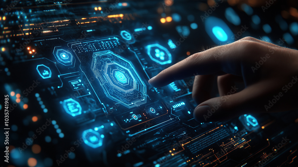 Obraz premium Businessman using forefinger to activate Smart Devices controls on virtual panels, connected devices concept, biometric security