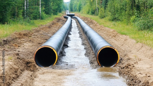 Large industrial pipes at an oil and gas plant, releasing a steady stream of water in a continuous flow, creating a dynamic scene.