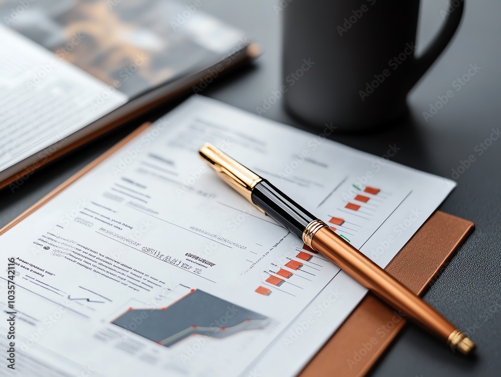 A gold and black pen rests on a brown folder with documents and a black coffee cup on a grey surface.