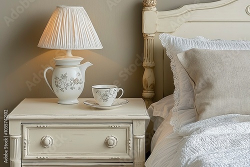 White Bedside Table with Lamp, Teapot, and Teacup