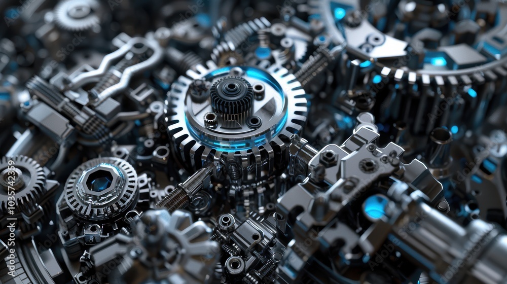 Futuristic Abstract Composition of Interlocking Metallic Gears, Cogs, and Pistons in Sleek Chrome Design Futuristic Abstract Composition of Interlocking Metallic Gears, Cogs, and Pistons in Sleek Chrome Design