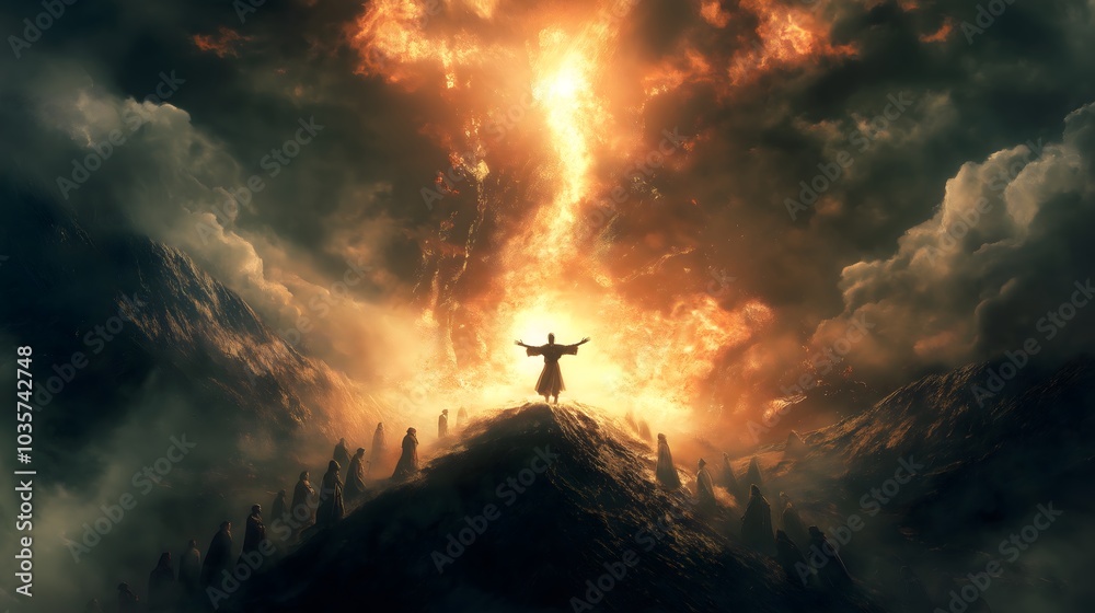 Biblical Scene: Elijah Stands Alone on the Peak of Mount Carmel with Arms Raised as People Climb Towards Him – A Religious Representation of Christianity