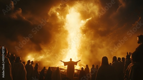 Biblical Scene: Elijah Stands Alone on the Peak of Mount Carmel with Arms Raised as People Climb Towards Him – A Religious Representation of Christianity photo