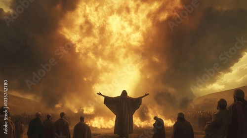 Biblical Scene: Elijah Stands Alone on the Peak of Mount Carmel with Arms Raised as People Climb Towards Him – A Religious Representation of Christianity photo