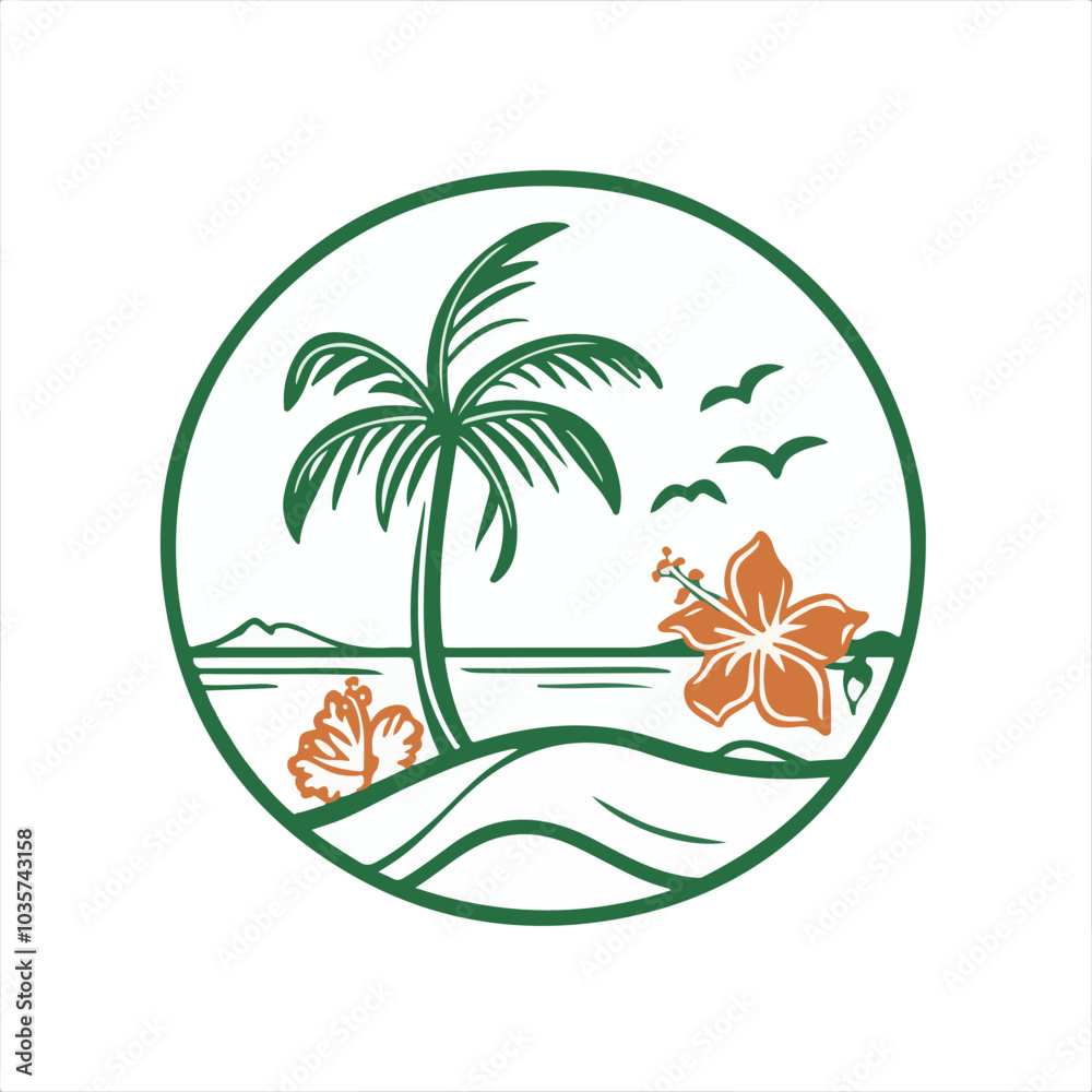 Fototapeta premium logo, palm tree and beach scene with flowers in the foreground, vector line art on white background, 