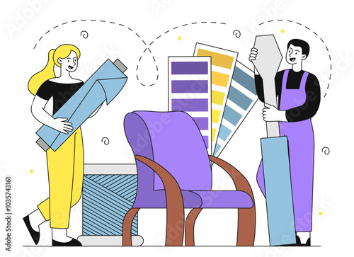 Furniture designers team. Man and woman near palette and chair. Interior designers choose decor elements for room. Residental building design. Linear vector illustration