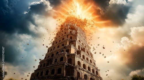 The Moment the Tower of Babel Begins to Collapse Amid Chaos and Confusion, Symbolizing the Division of Humanity and the Fall of a Grand Biblical Monument photo