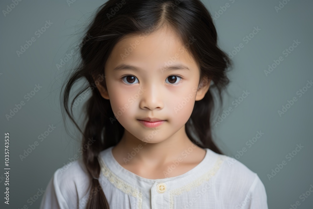 Portrait of little asian girl looking at camera, isolated on grey background Portrait of little asian girl looking at camera, isolated on grey background