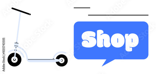 A minimalist design with a blue speech bubble containing the word Shop and a white kick scooter. Ideal for online stores, transportation services, mobility solutions, e-commerce platforms