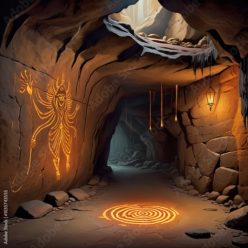 A dimly lit cave entrance with a glowing spiral symbol on the ground. A rock carving of a multiarmed figure with a single eye adorns the wall. A lantern hangs from the ceiling, casting a warm glow. photo