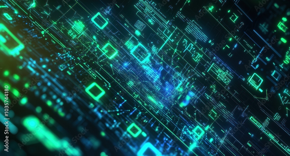 Quantum Computing, Abstract Visualization of Quantum Algorithms with Neon Green and Blue Cascading Numbers Equations and Geometric Shapes Flowing Through a Dark Quantum Computer Interface Quantum Computing, Abstract Visualization of Quantum Algorithms with Neon Green and Blue Cascading Numbers Equations and Geometric Shapes Flowing Through a Dark Quantum Computer Interface