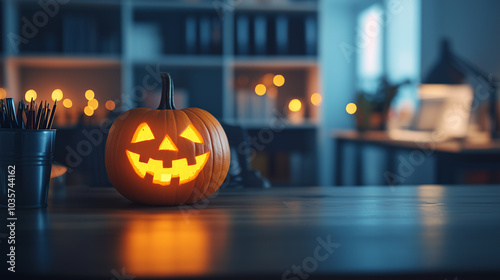 freelancer's workspace with Jack-o'-lantern on desk. Banner with copy space Halloween, focusing on remote work from home