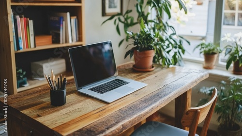 Stylish home office with a wooden table, ergonomic chair, minimal decor, and a potted plant. The design emphasizes simplicity and comfort.
