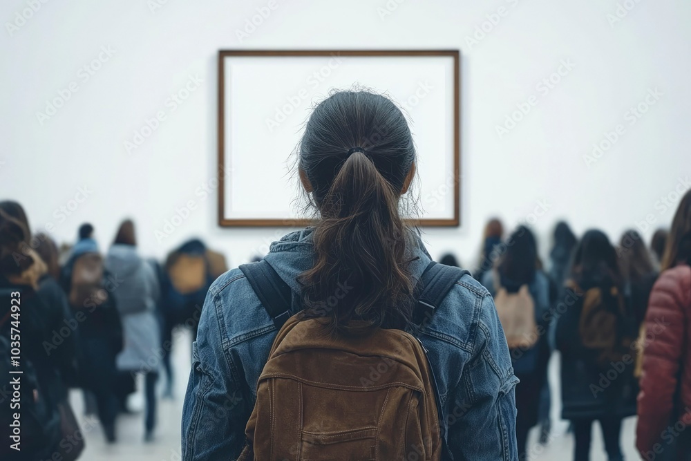 Woman in a Denim Jacket Looking at a Blank Canvas in an Art Gallery Woman in a Denim Jacket Looking at a Blank Canvas in an Art Gallery
