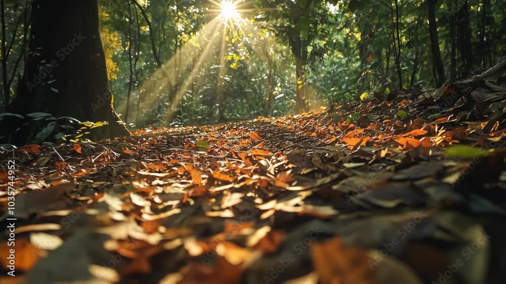 Sunlight shines through the trees in a forest, illuminating the path covered in fallen leaves Sunlight shines through the trees in a forest, illuminating the path covered in fallen leaves