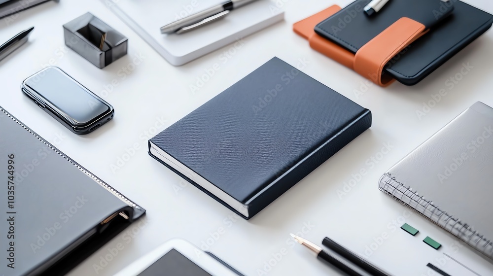 A flat lay of office supplies, including a notebook, pens, a tablet, and other accessories. A flat lay of office supplies, including a notebook, pens, a tablet, and other accessories.