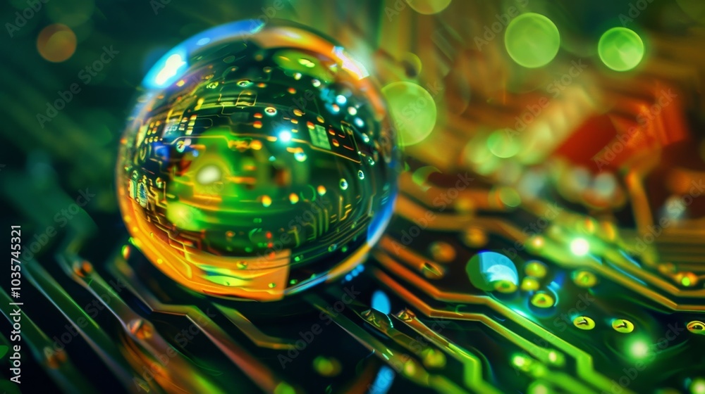 A green and orange ball is on a circuit board A green and orange ball is on a circuit board