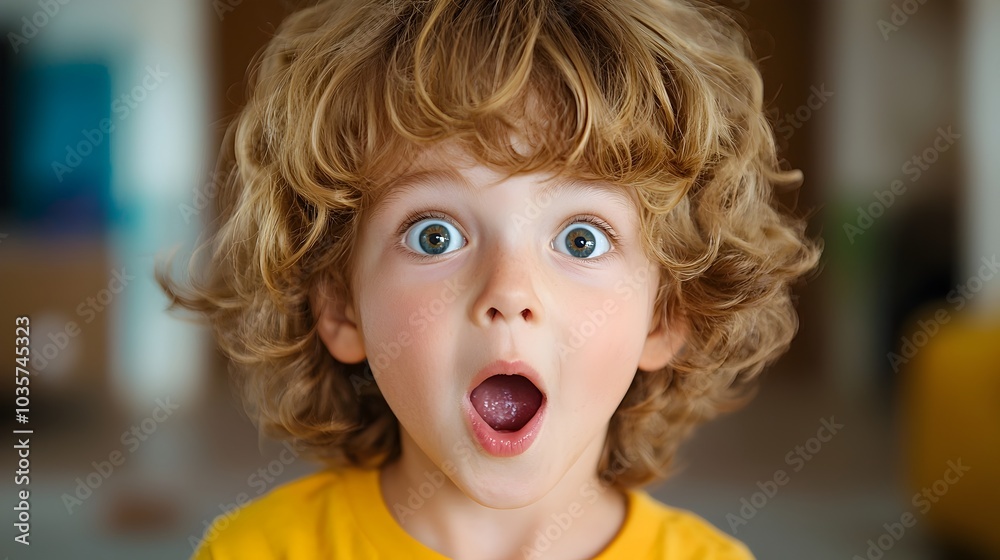 Closeup of a young child s face lighting up with surprise and excitement showing wide eyes and an open mouth expressing wonder and astonishment at something captivating Closeup of a young child s face lighting up with surprise and excitement showing wide eyes and an open mouth expressing wonder and astonishment at something captivating