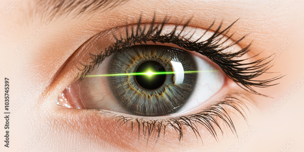 Human eye with a laser beam directed onto it, retinal authorization and detection, laser vision correction Human eye with a laser beam directed onto it, retinal authorization and detection, laser vision correction