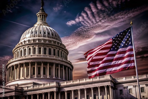 Iconic American Symbols: White House and Capitol Dome with American Flag in HDR