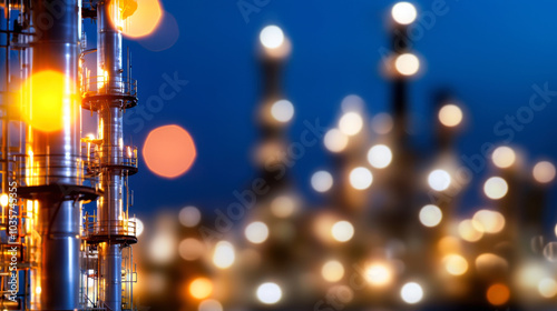 Industrial structures illuminated at night create captivating scene, showcasing advancements in renewable energy and technology. blurred background adds sense of depth and intrigue