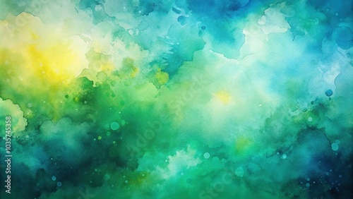 Abstract watercolor painting background in green, yellow, and teal blue with fluid texture