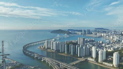Wallpaper Mural Drone View of Busan city in South Korea, Centum City, Summer, 60fps Torontodigital.ca