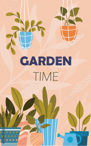 Gardening poster concept. Hanging flowerpots with tropical and exotic leaves. Gardening and botany, horticulture. Greenhouse with flowers. Poster or banner. Flat vector illustration