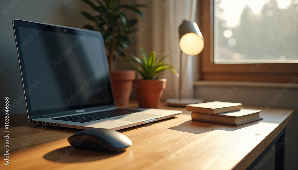 Home Office Setup: Laptop, Mouse, and Desk Lamp Home Office Setup: Laptop, Mouse, and Desk Lamp