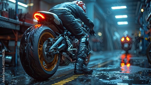 Mechanic Inspecting a Motorbike After Repair Work in a Garage, Ensuring Quality and Safety in Automotive Service and Maintenance