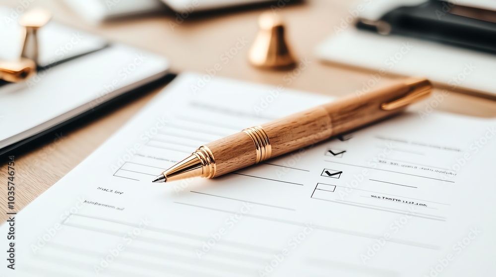 A wooden pen rests on a checklist document, ready for signing. The pen's metallic accents and the neat lines of the form suggest a formal and professional task. A wooden pen rests on a checklist document, ready for signing. The pen's metallic accents and the neat lines of the form suggest a formal and professional task.