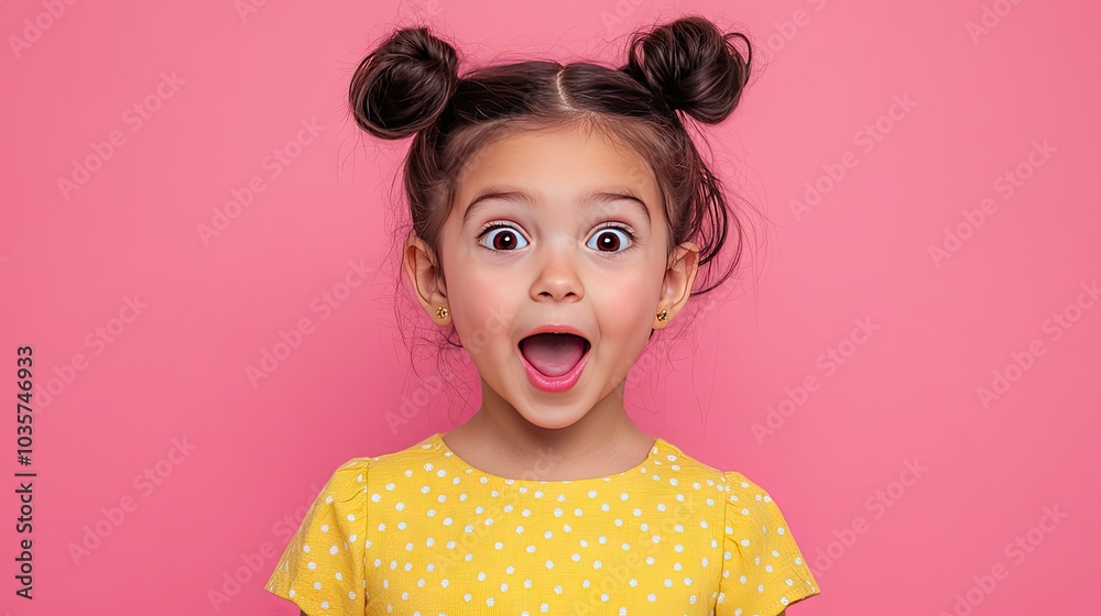 A young child with a surprised expression against a bright pink background, capturing an unexpected and lively moment of childhood innocence. A young child with a surprised expression against a bright pink background, capturing an unexpected and lively moment of childhood innocence.