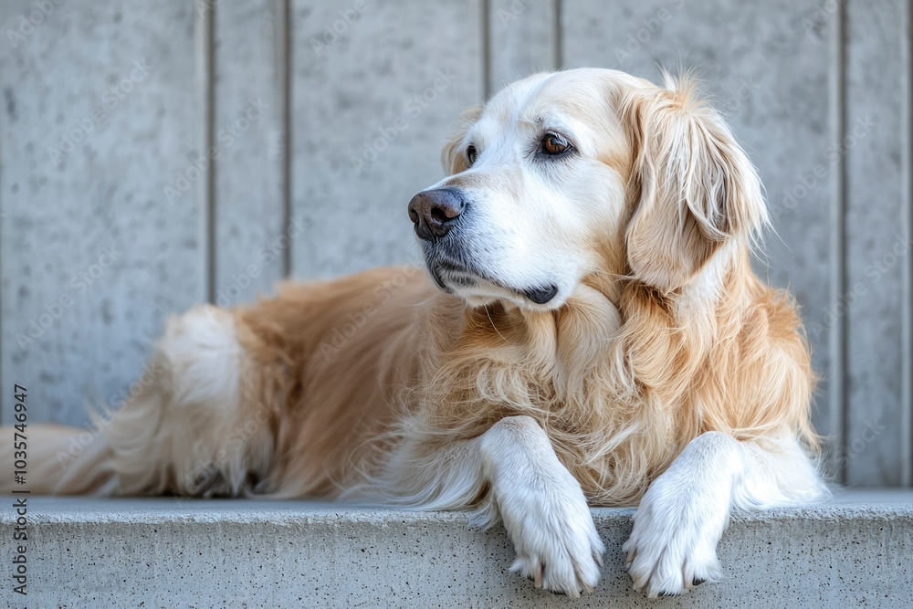 A Golden Retriever Dog Resting on a Concrete Step A Golden Retriever Dog Resting on a Concrete Step
